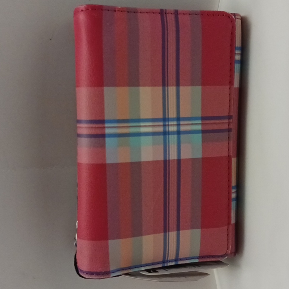 Mundi small wallet in plaid pink,purple and blue.